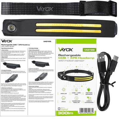 Latarka czołowa akumulatorowa 2x COB + XPE VA0129 vayox