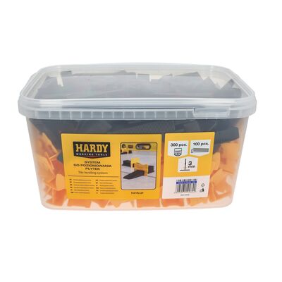 Zestaw do poziomowania płytek w wiaderku: Klipsy fuga 3 mm płytki 3-16 mm 300 sztuk + kliny 100 sztuk Hardy
