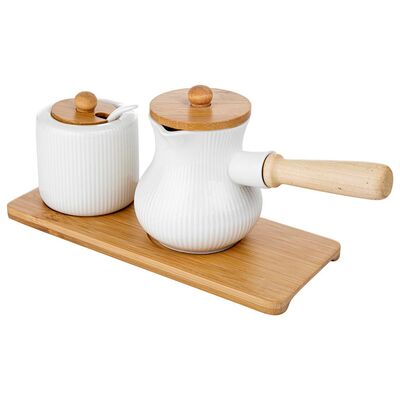 Cukiernica i dzbanek na mleko Alisa na podstawce 24,5 x 10,7 x 10,7 cm biały z elementami drewnianymi