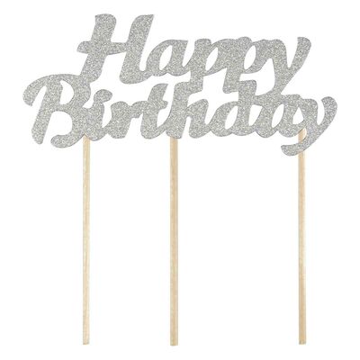 Dekoracja na tort piker Happy Birthday srebrny