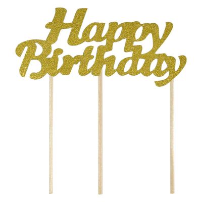 Dekoracja na tort piker Happy Birthday złoty
