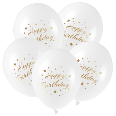 Balon ze złotym nadrukiem Happy Birthday 5 sztuk