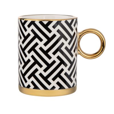 Kubek Gold Dream II porcelanowy 350 ml ze złotym uchem dekoracja czarno-biały