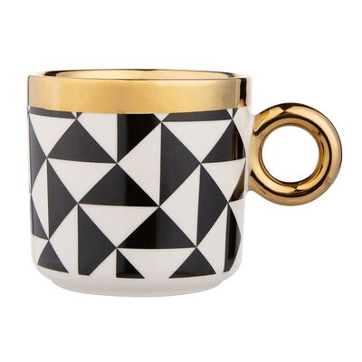 Kubek Gold Dream porcelanowy 350 ml ze złotym uchem i obwódką trójkąty czarno-biały
