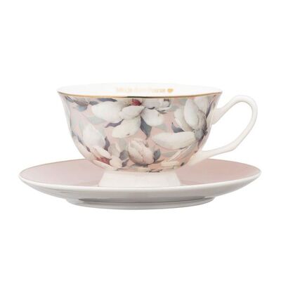 Filiżanka porcelanowa ze spodkiem 220 ml w magnolie różowy