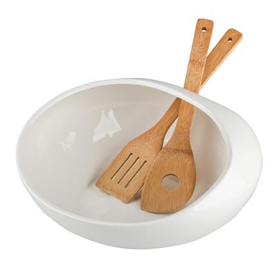 Salaterka porcelanowa Regular 30,5 x 30,5 x 14,5 cm z bambusowymi łyżkami biały