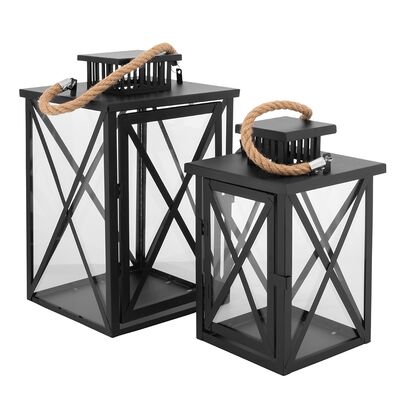Komplet 2 latarenek metalowych z uchwytem sznurek 20 x 20 x 33 cm + 16 x 16 x 20,5 cm czarny