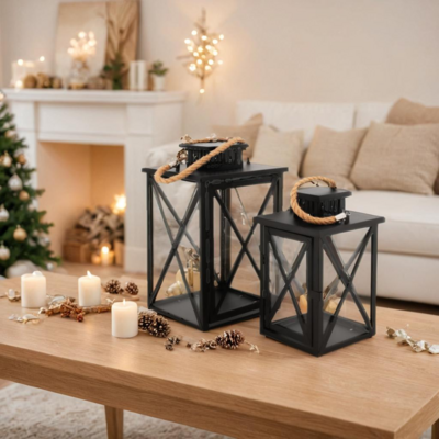 Komplet 2 latarenek metalowych z uchwytem sznurek 20 x 20 x 33 cm + 16 x 16 x 20,5 cm czarny