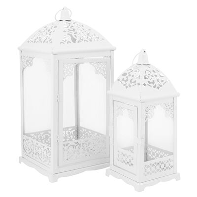 Komplet 2 latarenek metalowych zdobienie ażurowe 12 x 12 x 31 cm + 18 x 18 x 42 cm biały
