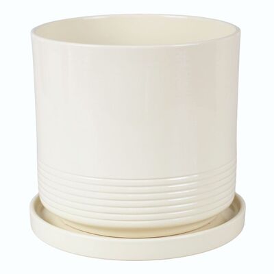 Doniczka cylinder Rille 19 cm + podstawka kremowy