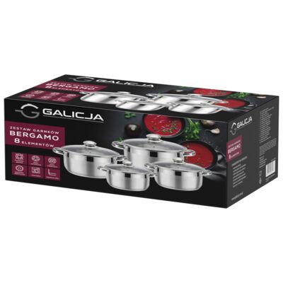 Zestaw garnków Bergamo z pokrywkami 1,2 l + 1,8 l + 2,5 l + 4,5 l srebrny