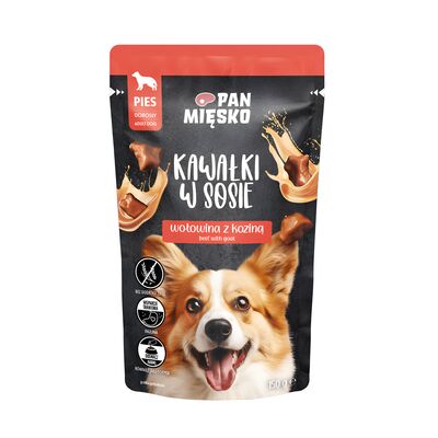 Karma mokra dla psa kawałki w sosie wołowina z koziną 150 g Pan Mięsko