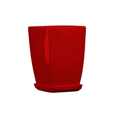 Doniczka ceramiczna z podstawką kwadrat pękaty 33 x 24 cm czerwony połysk symbol 38