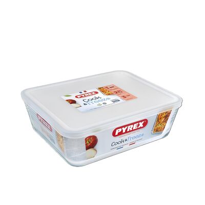 Pojemnik żaroodporny CookFreeze prostokątny z plastikową pokrywką 2,6 l transparentny PYREX