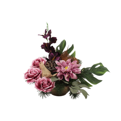 Kompozycja w misie z 5 kwiatami i dekoracją 40 x 36 cm