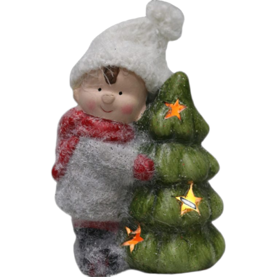 Ceramiczna figurka świecącej choinki z uśmiechniętym chłopcem na baterie 13,5 cm wielokolorowa