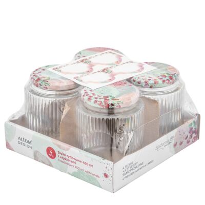 Komplet 4 słoików ryflowanych 450 ml z etykietami Spiżarnia Pani Domu