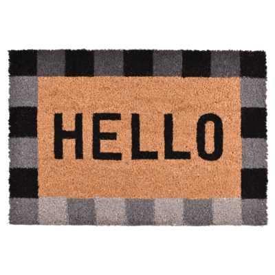 Wycieraczka kokosowa z nadrukiem Hello kwadraty 40 x 60 cm czarno-brązowo-szary
