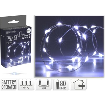 Mikroled na druciku srebrny 80 LED zimny biały 395 cm