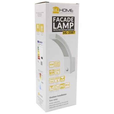 Lampa elewacyjna LED z czujnikiem ruchu ''el home'' ML-20B7 biała zewnętrzna czujniki zmierzchowy i PIR 15 W IP54 140° 25 x 6,6 x 18,8 cm
