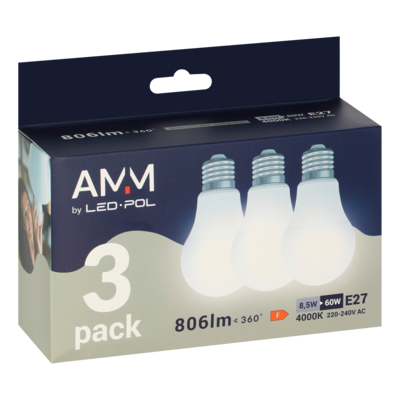 Żarówka LED amm 3 x E27 A60 8,5 W neutralny biały 3 sztuki