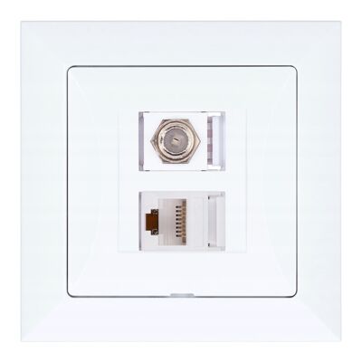 Gniazdo typu F wraz z komputerowym RJ-45 białe pola 3 x 8 x 8 cm