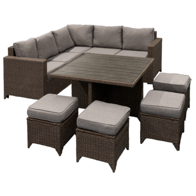 Duży zestaw mebli narożnikowy z pufami brąz