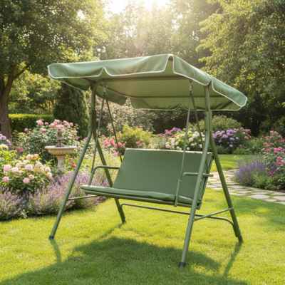 Huśtawka dwuosobowa z poduszkami i daszkiem oliwkowa