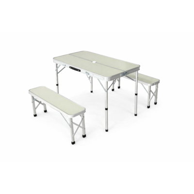 Zestaw składanych mebli kempingowych stół + 2 ławki beżowe