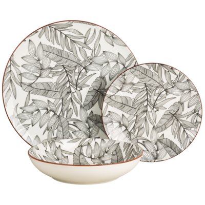 Zestaw obiadowy 18-elementowy białe talerze zdobienie liście