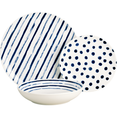 Zestaw obiadowy 18-elementowy białe talerze zdobienie paski/kropki