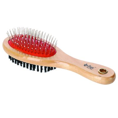 Szczotka drewniana owalna dwustronna M igły metalowe z kulkami + włosie PVC Dingo