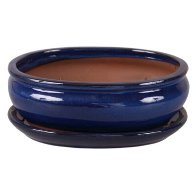 Donica szkliwiona Bonsai z podstawką O59-10S niebieska 25,5 x 20,8 cm