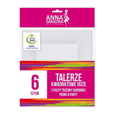 Talerze kwadratowe duże z trzciny cukrowej 6 sztuk ANNA ZARADNA