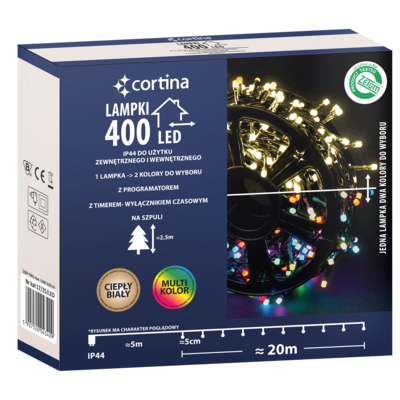 Lampki zewnętrzne 400 LED zewnętrzne ciepły biały i multikolor na transformator Cortina