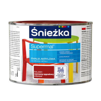 Farba emaliowa Supermal akrylowy RAL3001 Czerwony Sygnałowy półpołysk 0,4 l Śnieżka