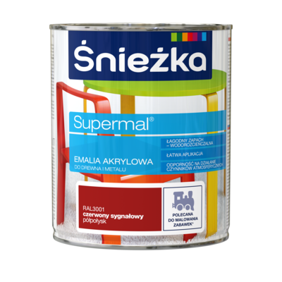 Farba emaliowa Supermal akrylowy RAL3001 Czerwony Sygnałowy półpołysk 0,8 l Śnieżka