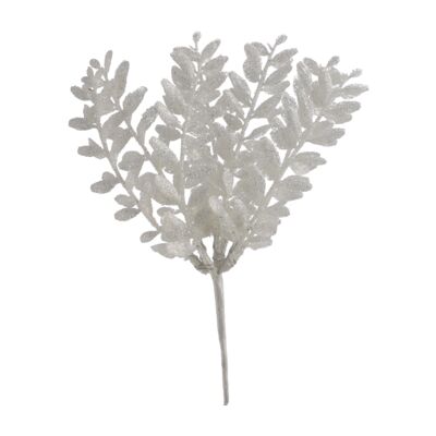 Gałązka listków brokatowa na piku 22 cm biały