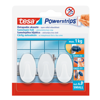 Haczyk samoprzylepny, POWERSTRIPS, Trend, 3 sztuki, mały, biały, tesa
