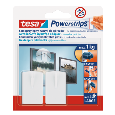 Haczyk samoprzylepny, POWERSTRIPS, 2 sztuki do obrazów, biały, tesa