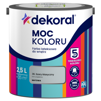 Farba lateksowa do wnętrz MOC KOLORU Szary klasyczny 2,5 l Dekoral