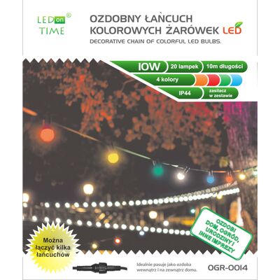 Ozdobny łańcuch ogrodowy kolorowy LED 10 m 20 żarówek LEDonTIME