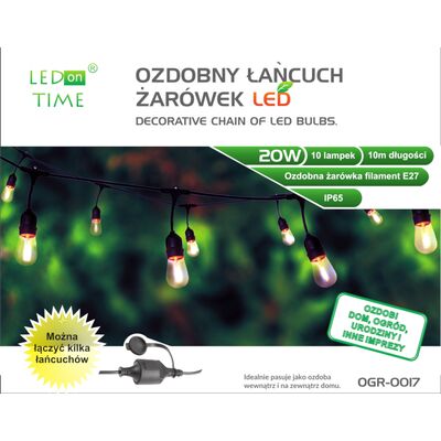 Ozdobny łańcuch ogrodowy kolorowy LED 10 m 10 żarówek LEDonTIME