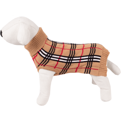 Sweter dla psa beżowy w kratę z golfem S-25 cm