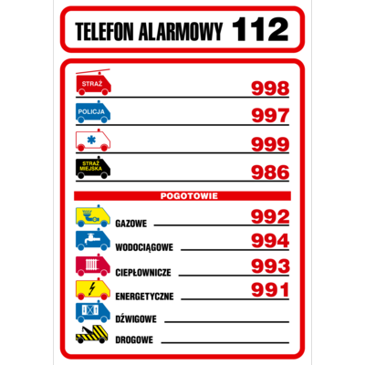 Oznaczenie "Tablica telefonów alarmowych" 14,8 x 21