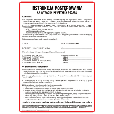Oznaczenie "Instrukcja postępowania w przypadku powstania pożaru" 24,5 x 35