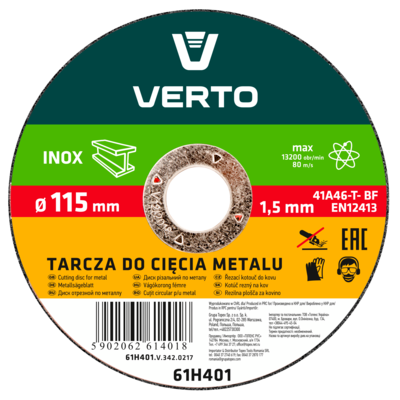 Tarcza tnąca do metalu 115 x 1,5 x 22,2 mm VERTO