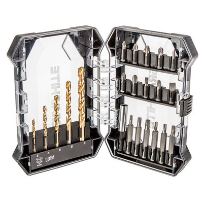 Zestaw wierteł i bitów 22 sztuki - HSS 3, 4, 5, 6, 8 mm, bity 25 mm 10 sztuk, bity 50 mm - 6 sztuk, uchwyt GRAPHITE