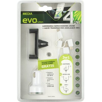 Ładowarka 2xUSB + łącze 3w1 + uchwyt telefonu 4CAR