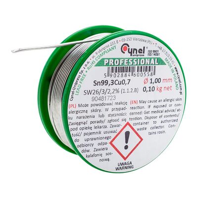 Cyna bezołowiowa Sn99,3Cu0,7 topnik SW26 1,0 mm 100 g szpulka Cynel